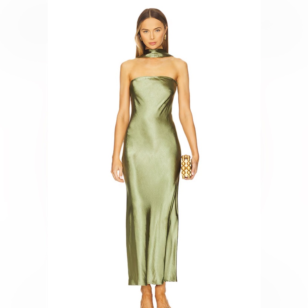 Still has tags! Strapless Olive Satin Column Dress with Neck Scarf